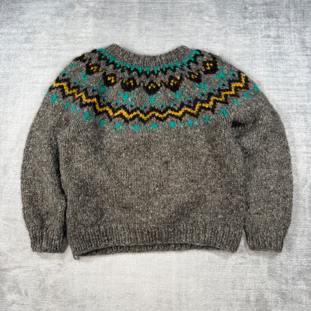 Vintage Handknit Sweater Womens Medium Gray Wool Chunky Fair Isle Nordic Boho
